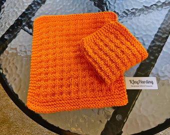 Waffle Stitch Cotton Wash Cloth Hand Knit set of 2- Halloween Orange