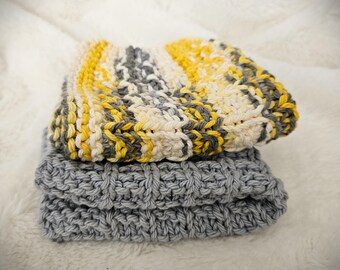 Waffle Stitch Cotton Wash Cloth Hand Knit set of 2- Sunny Yellow/Grey