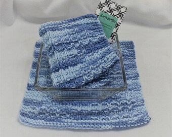 Waffle Stitch Cotton Wash Cloth Hand Knit-Shades of Denim