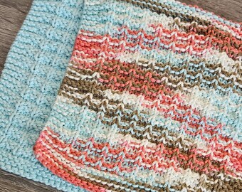 Waffle Stitch Cotton Wash Cloth Hand Knit set of 2 Aqua Coral Sand