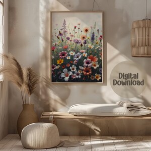 Wildflower Meadow Digital Art Print, Floral Wall Art Printable Poster, Colorful Flower Field Digital Image, Botanical Illustration Download