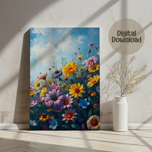 Digitales Blumen Poster, Blumenwand Kunstdruck, Buntes Wildblumenfeld, druckbare Blumen Gartenkunst, Sommer Blumen Bild Download