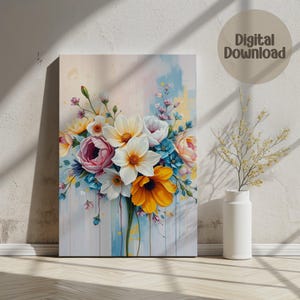 Floral Digital, Wall Art, Colorful Flower Bouquet Print, Botanical Art, Modern Home Decor, Flower Illustration, Printable Art, Gift Idea