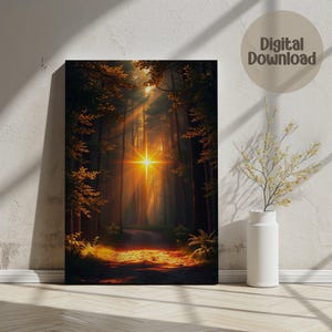 Arte digital de sendero forestal, impresión de arte mural con luz dorada, escena de naturaleza apacible, arte descargable, decoración del hogar, arte imprimible, arte paisajístico