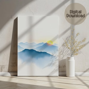 Digital Wall Art, Mountain Sunrise Print, Minimalist Landscape, Blue Mountain Painting, Printable Wall Decor, Serene Artwork