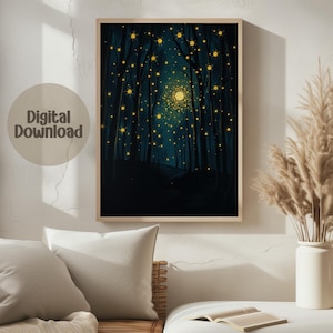 Impresión digital de Bosque Encantado, Arte mural de Noche Mágica, Póster imprimible de Luces Fantásticas, Ilustración de Cuento de Hadas, Decoración de Fantasía para el Hogar