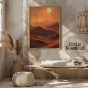 Desert Sunset Digital Print, Orange Landscape Poster, Warm Tone Wall Art, Downloadable Art Print, Mountain Range Printable Image, Home Decor