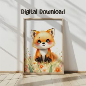 Cute Fox Digital Print, Watercolor Fox Art, Baby Nursery Decor, Animal Wall Art, Printable Fox Poster, Kids Room Art, Instant Download