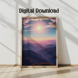 Mountain Sunset Digital Print, Landscape Wall Art, Sunrise Scenery Poster, Pink Purple Mountains, Digital Download Art, Home Decor