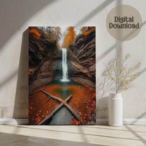 Autumn Waterfall Digital Wall Art, Nature Landscape Print, Scenic Fall Foliage Printable, Waterfall Scenery, Rustic Decor, Instant Download
