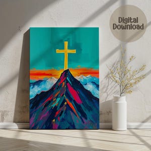 Christian Digital,Wall Art, Gold Cross on Mountain, Faith Decor, Inspirational Print, Religious Gift, Spiritual Art, Church Decoration