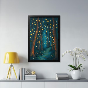 Enchanted Forest Poster, Firefly Glow Poster, Dark Forest Art Print, Mystical Woods Artwork, Premium Matte Posters, Framed Poster, Vertical
