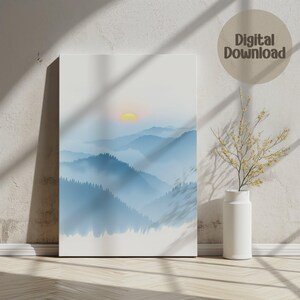 Mountain Sunrise Digital Art, Misty Landscape Wall Art Print, Watercolor Nature Scene, Printable Scenery, Home Decor, Modern Art