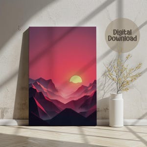 Sunset Mountain Digital Print, Geometric Landscape Poster, Pink Sunrise Scenery, Minimalist Wall Art, Downloadable Digital Image