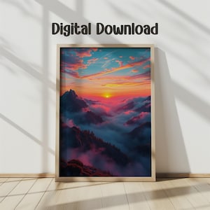 Rosa Sonnenuntergang, Berglandschaft, verträumte Wolkenlandschaft, Sonnenuntergang, verträumtes Wohndekor, Sonnenaufgang Bild, abstraktes Bild zum ausdrucken