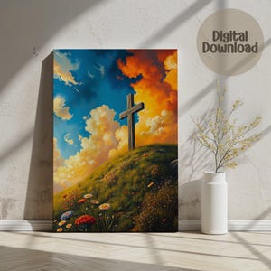 Digital Wall Art, Cross On Hill, Religious Decor, Sunset, Christian Art Print, Printable Art, Home Decor, Faith Inspiration