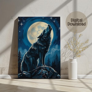 Impressão digital de lobo uivando para a lua, arte de parede para impressão, pôster de lobo, arte do céu noturno, decoração de casa, download instantâneo, arte animal