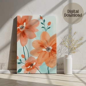 Orange Floral Digital,Wall Art, Flower Painting, Botanical Print, Modern Home Decor, Instant Download, Printable Art, Flower Illustration