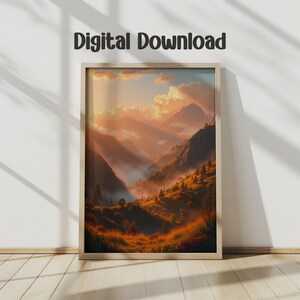 Digital Mountain Landscape Poster, Golden Hour Wall Art Print, Scenic Mountain View Digital Download, Warm Colors, Nature Digital Artwork