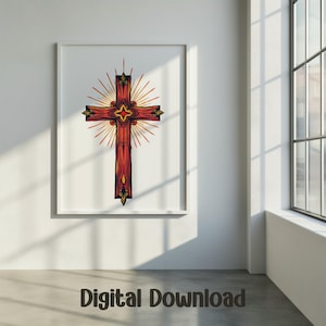Digital Cross Image, Printable Poster Art, Red Cross Wall Decor, Religious Art Print, Christian Gift Idea, Cross Illustration, Digital