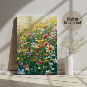 Flower Field Digital Poster, Meadow Print, Floral Wall Art, Printable Artwork, Colorful Flowers, Butterfly Image, Nature Decor Digital