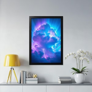 Blitz Poster, Sturmwolke Kunstdruck, Neon Gewitter Wanddekoration, buntes Wetter, modernes Wohndekor, Premium matt vertikal