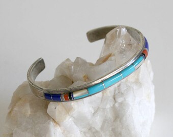 Zuni CS Lonjose Inlaid Sterling Cuff Bracelet