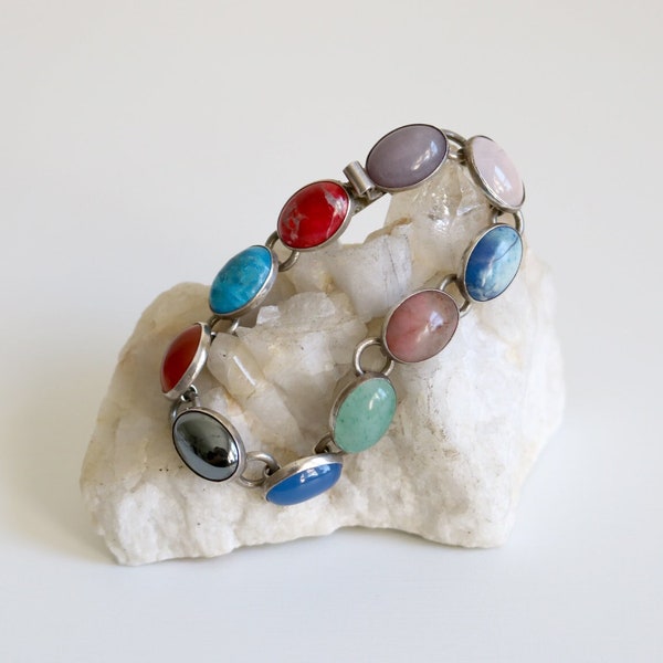 Mexican Sterling Multi Stone Link Cabochon Bracelet
