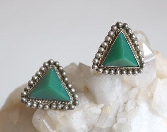 Taxco Sterling Green Onyx Triangle Screw Back Earrings