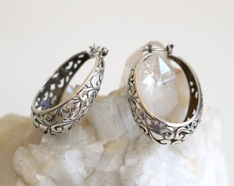 Filigree Cutout Oblong Sterling Hoop Earrings