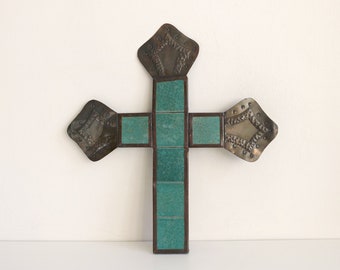 Mexican Hammered Turquoise Tile Cross