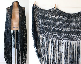 Black Crochet Fringe Shawl