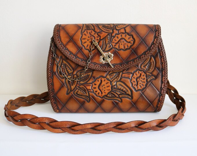 Vintage Hand Tooled Leather Handbag + Ceramic Beads, Boho Shoulder Bag main image 1