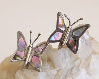 Old Mexican Silver Abalone Butterfly Screw Back Earrings