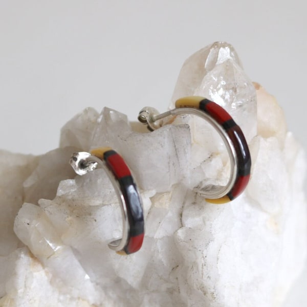 Native American Inlaid Coral MOP Hoop Earrings