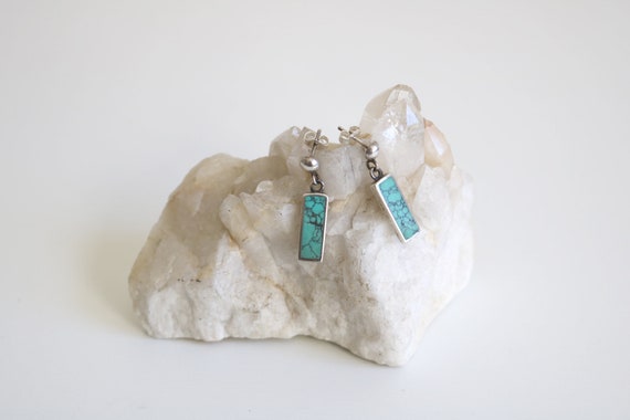 Sterling Turquoise Rectangle Drop Earrings - image 2