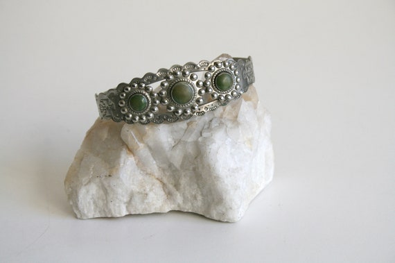 Fred Harvey Era Native American Stamped Green Turquoise Bracelet | Nickel Silver