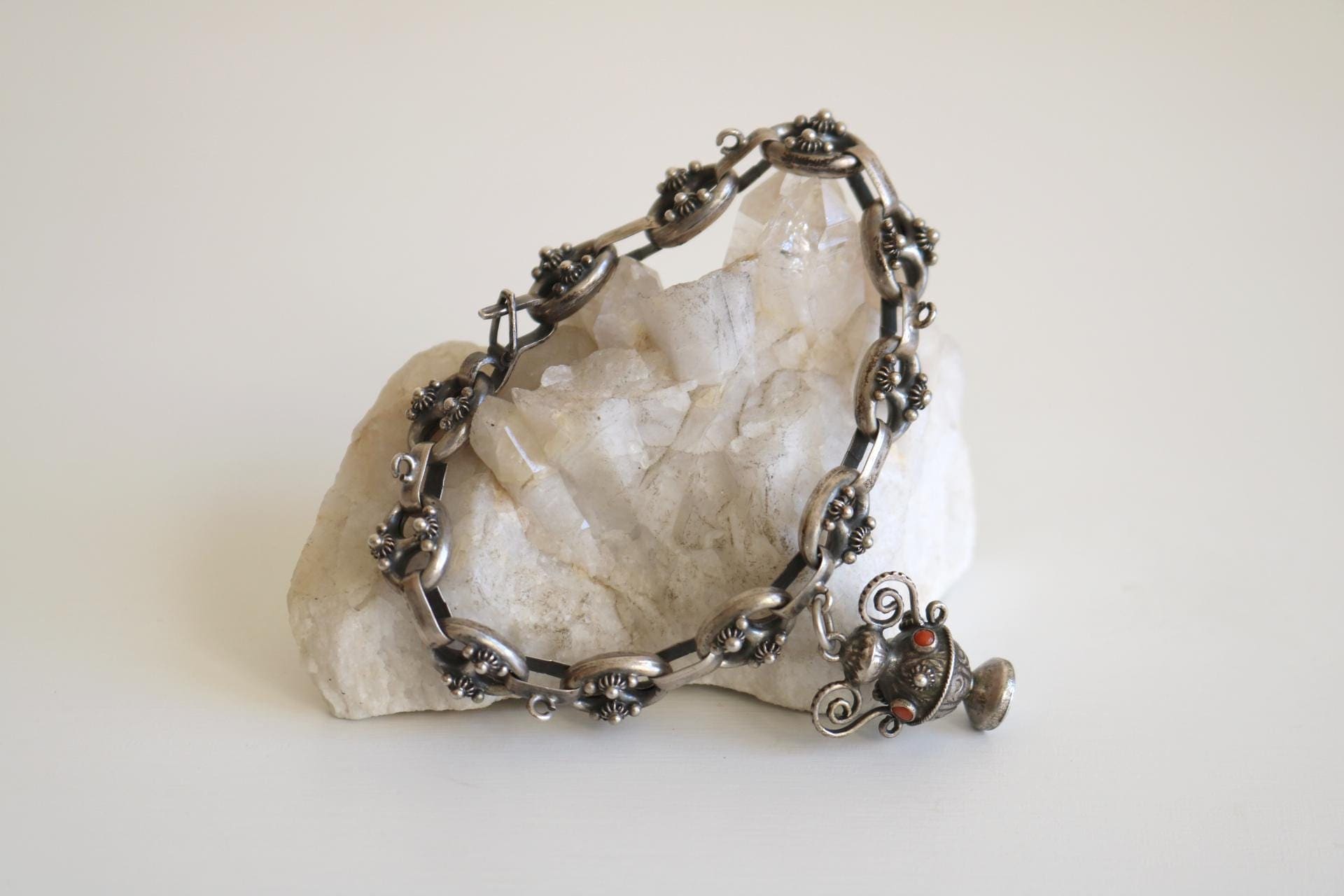 Vintage Italian Etruscan 800 Silver 9 Charm Bracelet W/ Fob