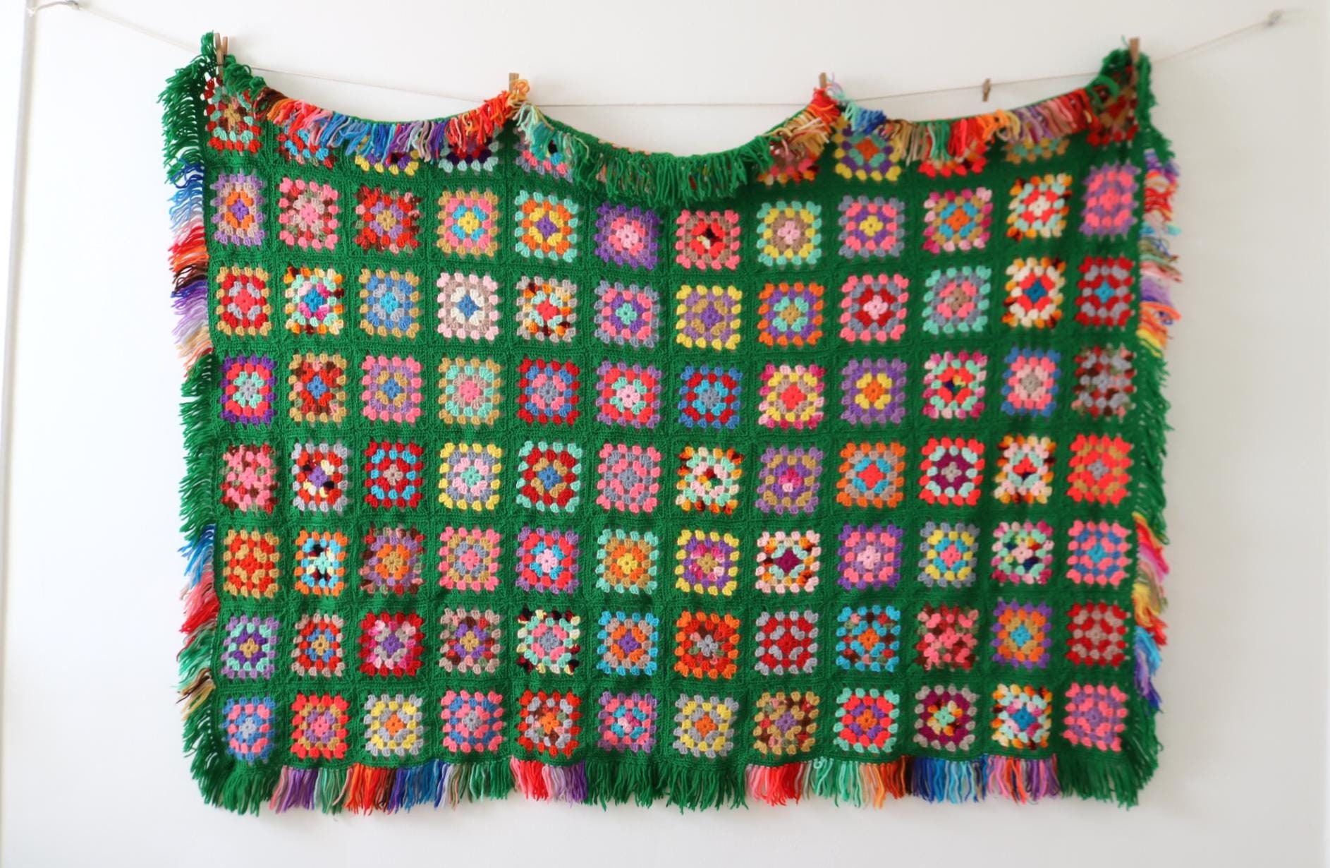 Granny Square Green Rainbow Fringe Afghan