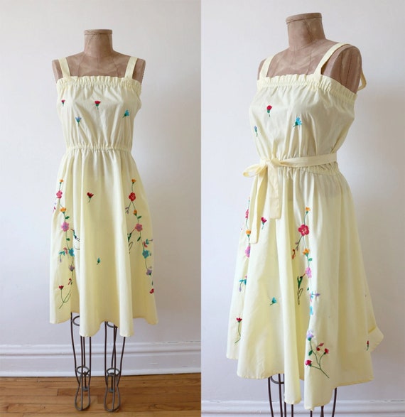 Mexican Soft Yellow Embroidered Hummingbird Dress