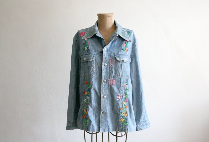 RARE 70s Lee West Cal 45 Embroidered Denim Button Snap Shirt Jacket