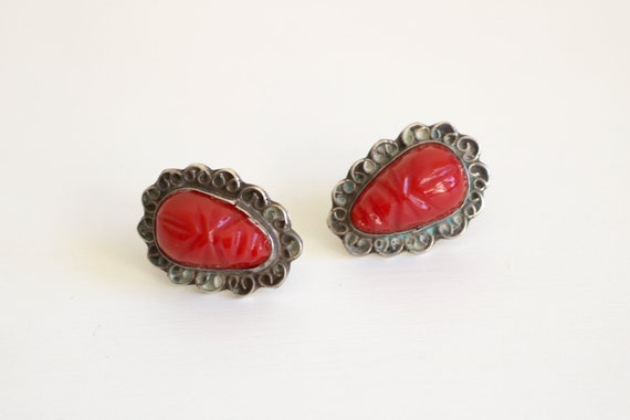 Taxco Sterling Red Onyx Face Clip Earrings - image 3