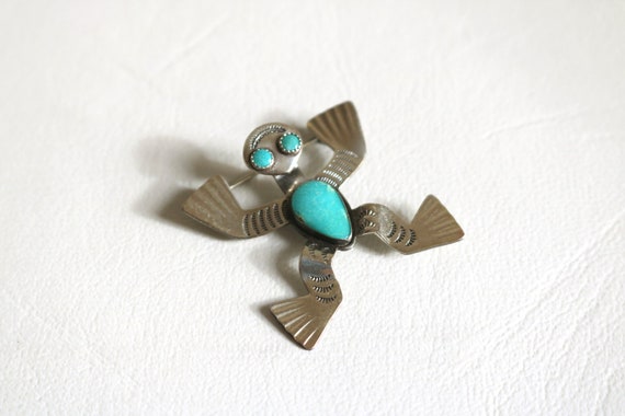 Navajo Sterling Turquoise Snake Eye Frog Brooch - image 1