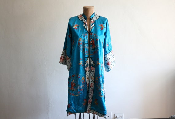 Turquoise Embroidered Silk Chinese Robe