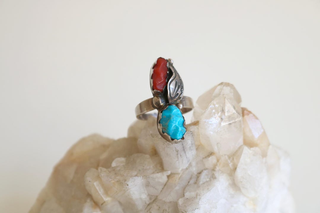 Native American Turquoise and Coral Sterling Ring 6 - Etsy