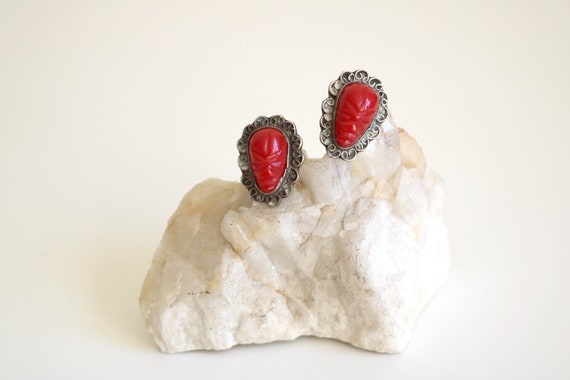 Taxco Sterling Red Onyx Face Clip Earrings - image 1