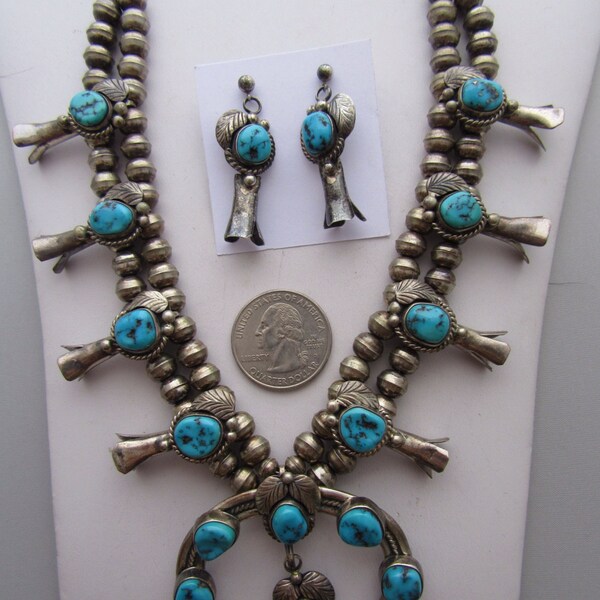 Vintage  1960s small Sterling and Turquoise Squash Blossom Necklace with Earrings