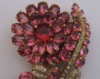 Large Hot Pink Crystal Flower Pin Vintage 1940s