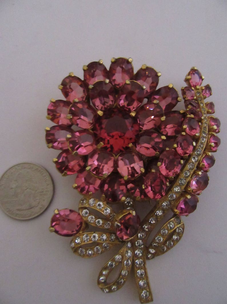 Large Hot Pink Crystal Flower Pin Vintage 1940s
