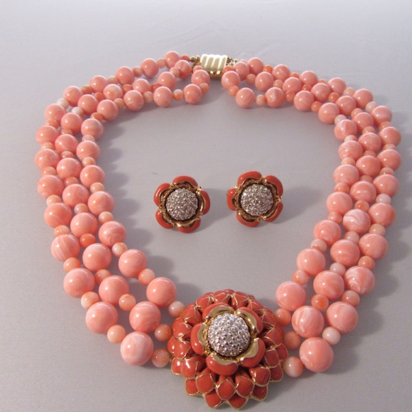 Judith Leiber Coral Tone Bead Necklace and Earrings